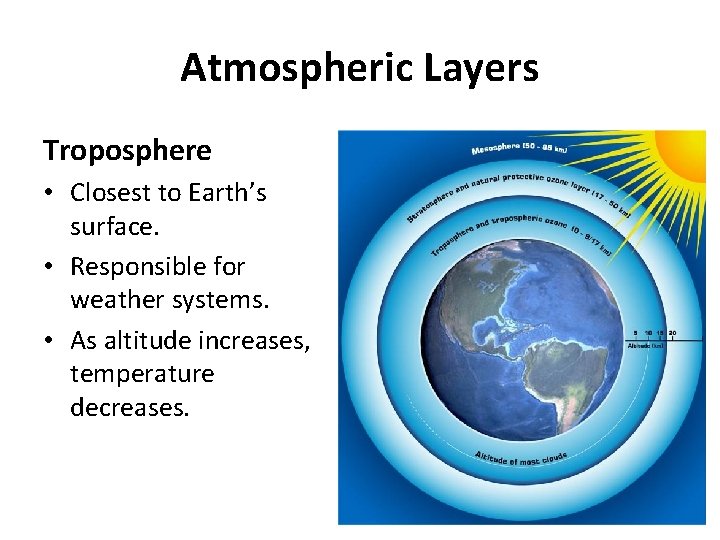 Atmospheric Layers Troposphere • Closest to Earth’s surface. • Responsible for weather systems. •