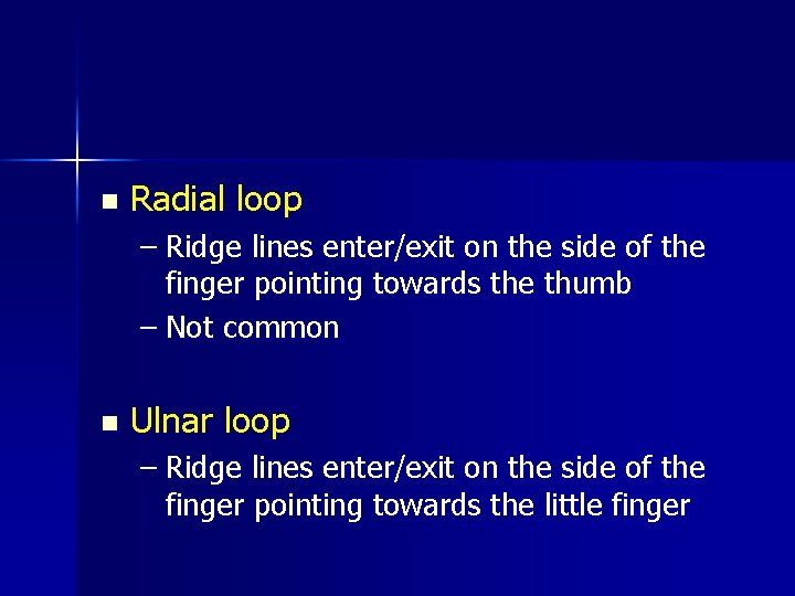n Radial loop – Ridge lines enter/exit on the side of the finger pointing