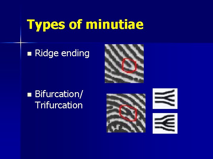 Types of minutiae n Ridge ending n Bifurcation/ Trifurcation 