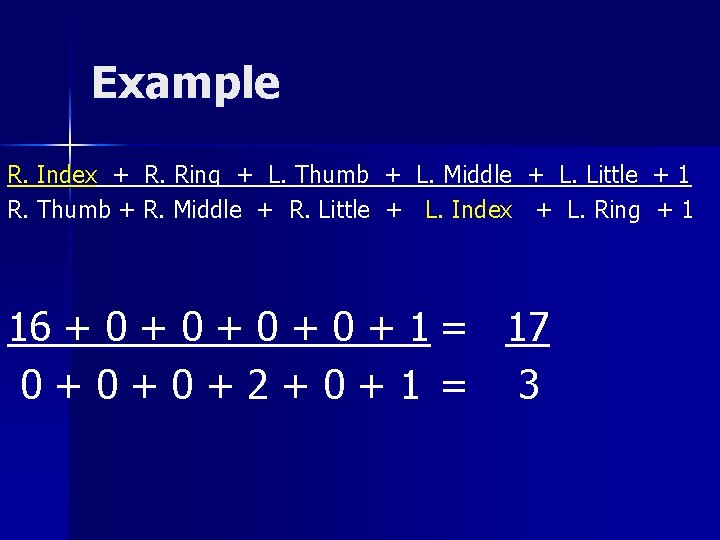 Example R. Index + R. Ring + L. Thumb + L. Middle + L.
