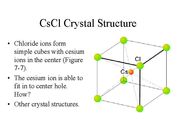 Cs. Cl Crystal Structure • Chloride ions form simple cubes with cesium ions in