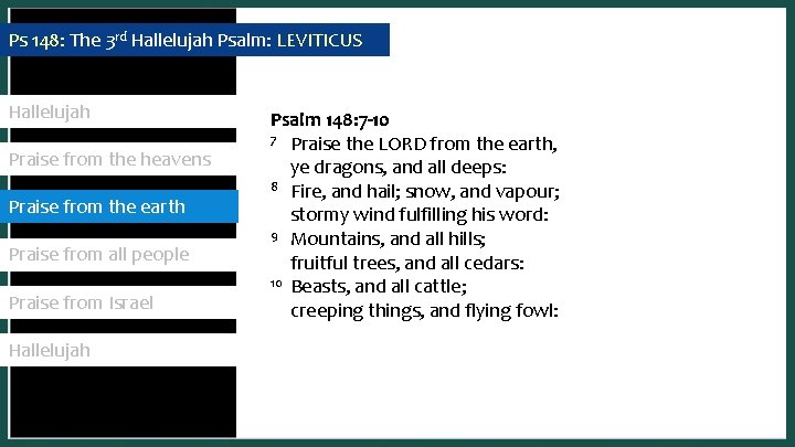 Ps 148: The 3 rd Hallelujah Psalm: LEVITICUS Hallelujah Praise from the heavens Praise