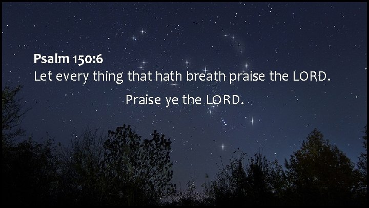 Psalm 150: 6 Let every thing that hath breath praise the LORD. Praise ye