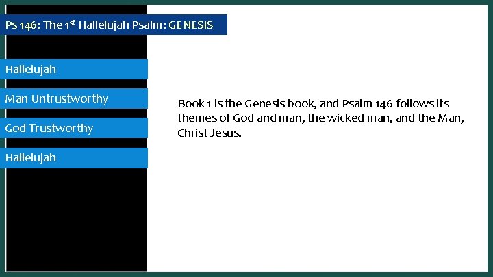 Ps 146: The 1 st Hallelujah Psalm: GENESIS Hallelujah Man Untrustworthy God Trustworthy Hallelujah