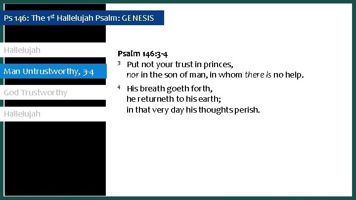 Ps 146: The 1 st Hallelujah Psalm: GENESIS Hallelujah Man Untrustworthy, Untrustworthy 3 -4