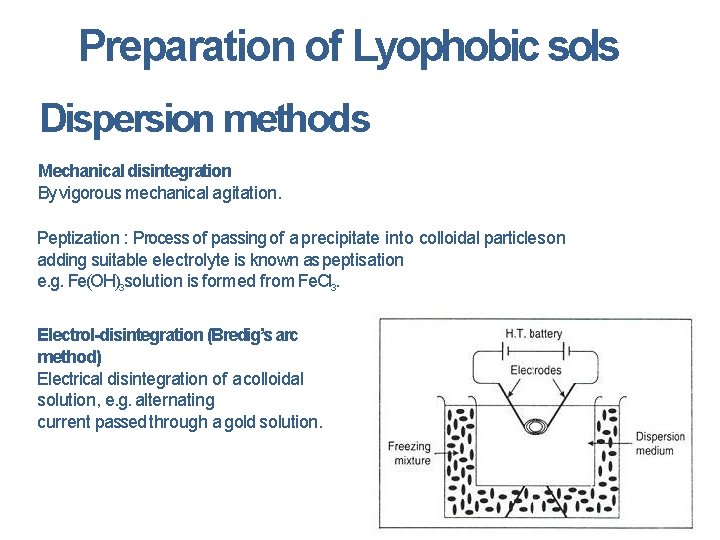 Preparation of Lyophobic sols Dispersion methods Mechanical disintegration By vigorous mechanical agitation. Peptization :