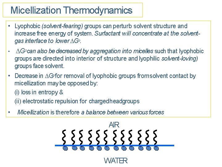 Micellization Thermodynamics • Lyophobic (solvent-fearing) groups can perturb solvent structure and increase free energy