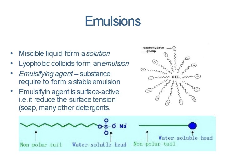 Emulsions • Miscible liquid form a solution • Lyophobic colloids form an emulsion •