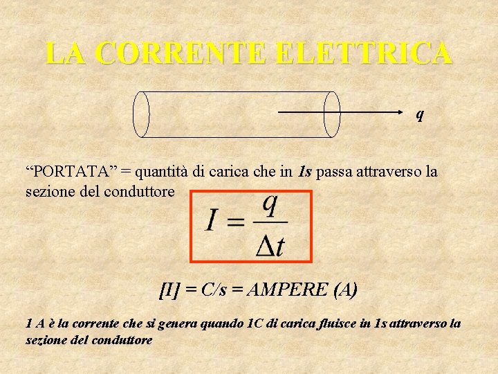 LA CORRENTE ELETTRICA q “PORTATA” = quantità di carica che in 1 s passa