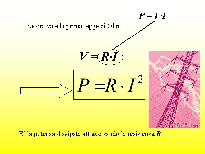 P = V·I Se ora vale la prima legge di Ohm: V = R·I