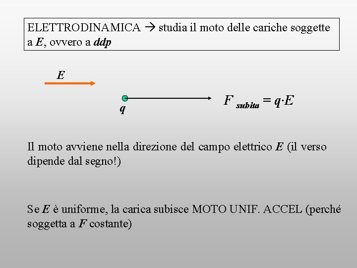 ELETTRODINAMICA studia il moto delle cariche soggette a E, ovvero a ddp E q