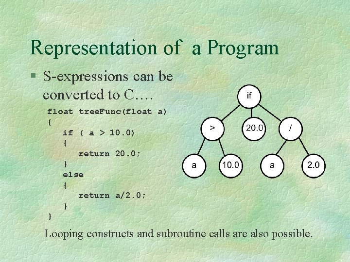 Representation of a Program § S-expressions can be converted to C…. float tree. Func(float