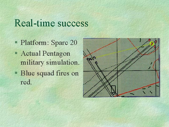 Real-time success § Platform: Sparc 20 § Actual Pentagon military simulation. § Blue squad