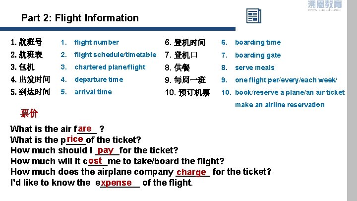 Part 2: Flight Information 1. 航班号 1. flight number 6. 登机时间 6. boarding time