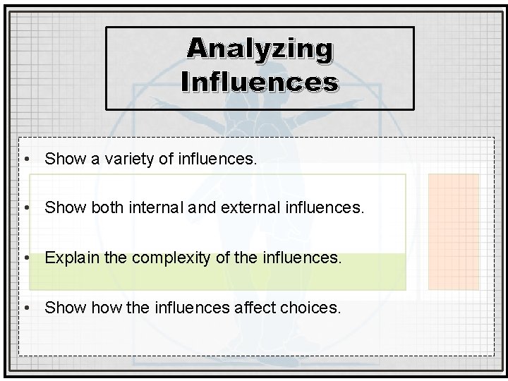 Analyzing Influences • Show a variety of influences. • Show both internal and external