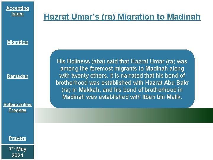 Accepting Islam Hazrat Umar’s (ra) Migration to Madinah Migration Ramadan Safeguarding Progeny Prayers 7