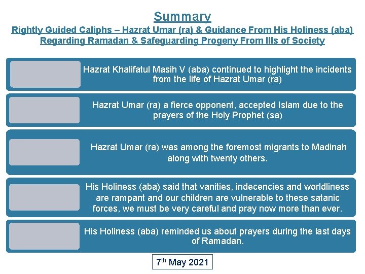 Summary Rightly Guided Caliphs – Hazrat Umar (ra) & Guidance From His Holiness (aba)