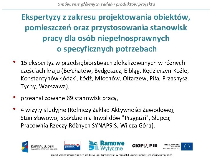 Omówienie głównych zadań i produktów projektu Ekspertyzy z zakresu projektowania obiektów, pomieszczeń oraz przystosowania