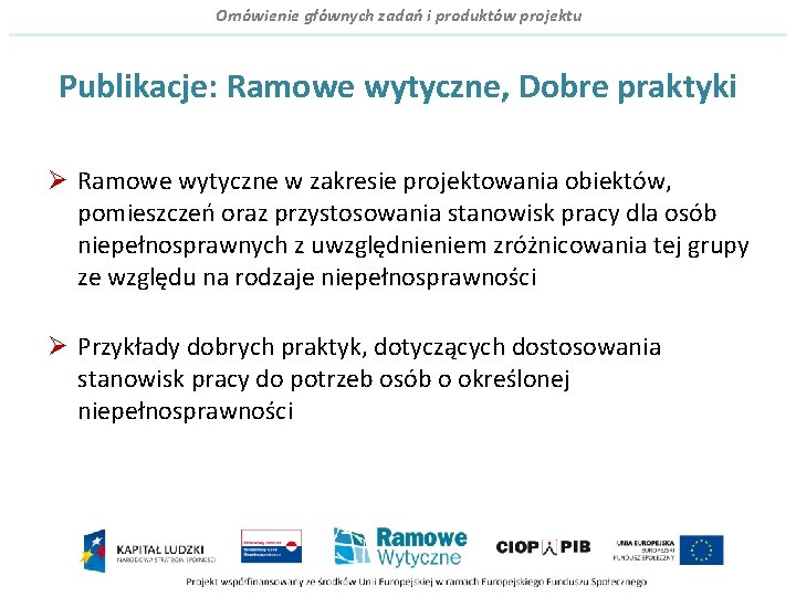 Omówienie głównych zadań i produktów projektu Publikacje: Ramowe wytyczne, Dobre praktyki Ø Ramowe wytyczne