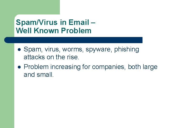 Spam/Virus in Email – Well Known Problem l l Spam, virus, worms, spyware, phishing
