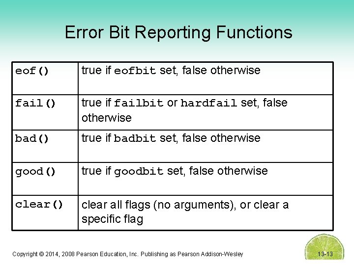 Error Bit Reporting Functions eof() true if eofbit set, false otherwise fail() true if