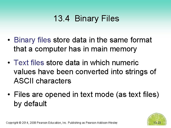 13. 4 Binary Files • Binary files store data in the same format that