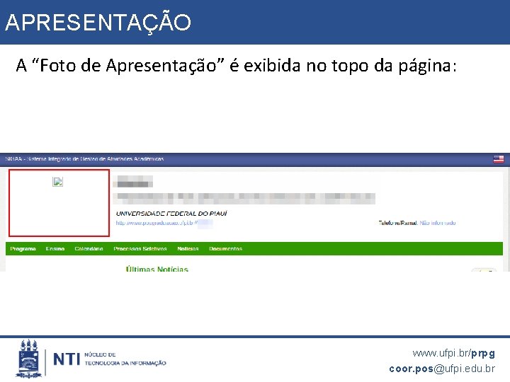 APRESENTAÇÃO A “Foto de Apresentação” é exibida no topo da página: www. ufpi. br/prpg
