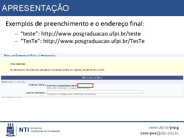 APRESENTAÇÃO Exemplos de preenchimento e o endereço final: – “teste”: http: //www. posgraduacao. ufpi.