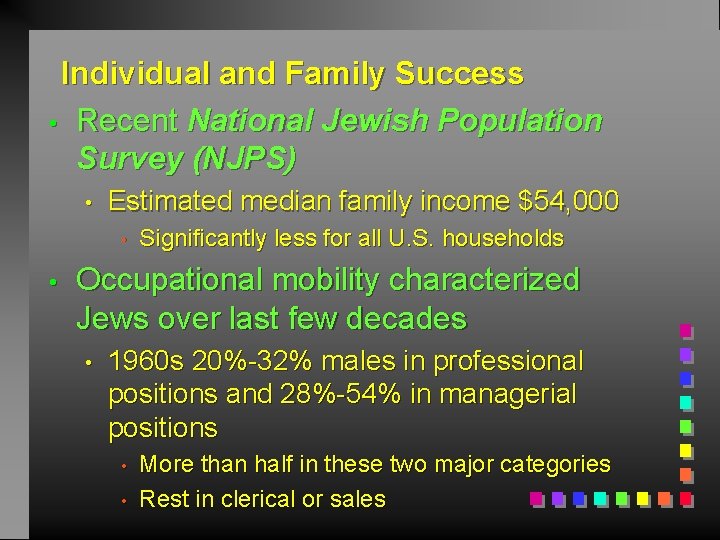 Individual and Family Success • Recent National Jewish Population Survey (NJPS) • Estimated median