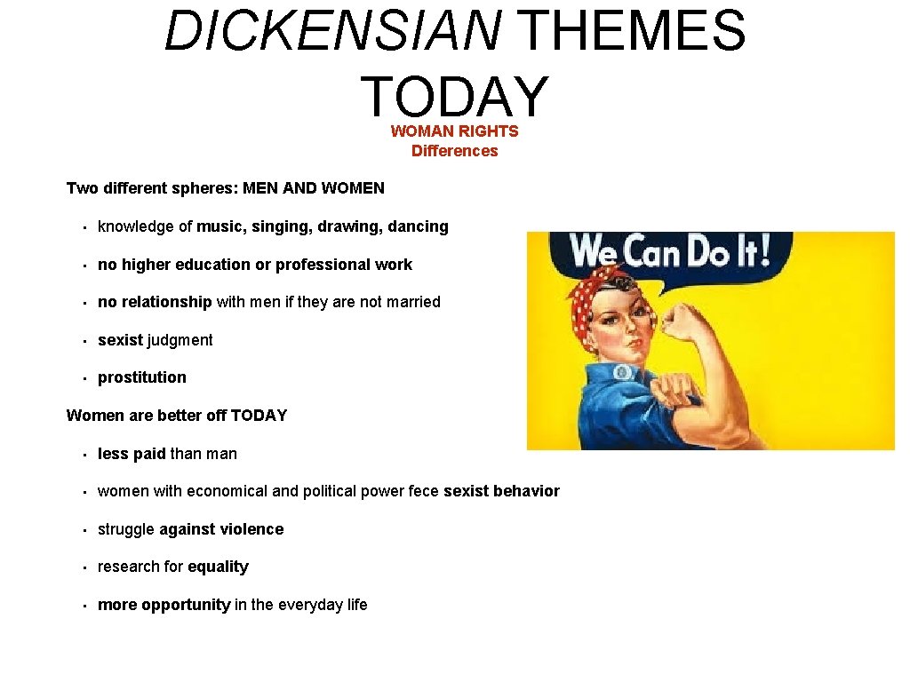 DICKENSIAN THEMES TODAY WOMAN RIGHTS Differences Two different spheres: MEN AND WOMEN • knowledge
