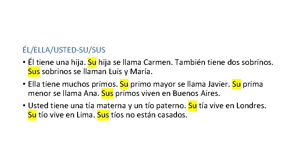 ÉL/ELLA/USTED-SU/SUS • Él tiene una hija. Su hija se llama Carmen. También tiene dos