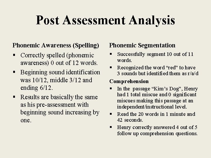 Post Assessment Analysis Phonemic Awareness (Spelling) Phonemic Segmentation § Correctly spelled (phonemic awareness) 0