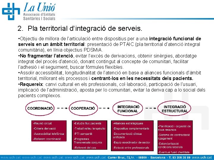 2. Pla territorial d’integració de serveis. • Objectiu de millora de l’articulació entre dispositius