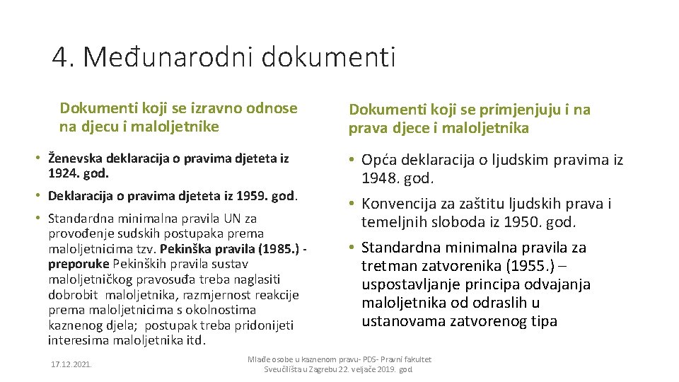 4. Međunarodni dokumenti Dokumenti koji se izravno odnose na djecu i maloljetnike • Ženevska