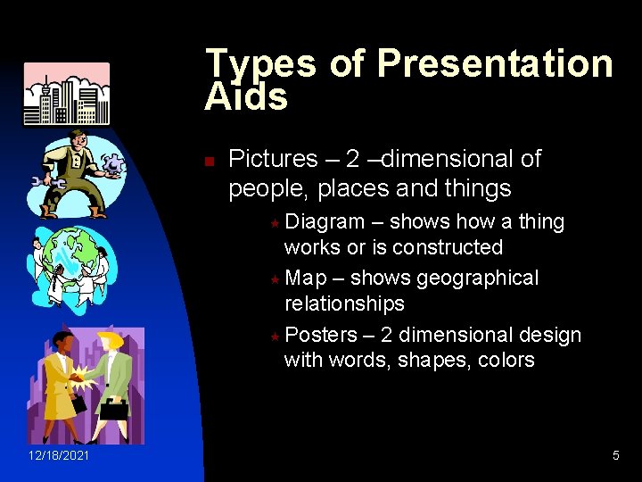 Types of Presentation Aids n Pictures – 2 –dimensional of people, places and things