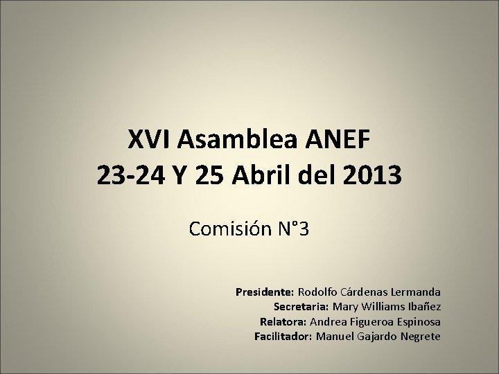 XVI Asamblea ANEF 23 -24 Y 25 Abril del 2013 Comisión N° 3 Presidente: