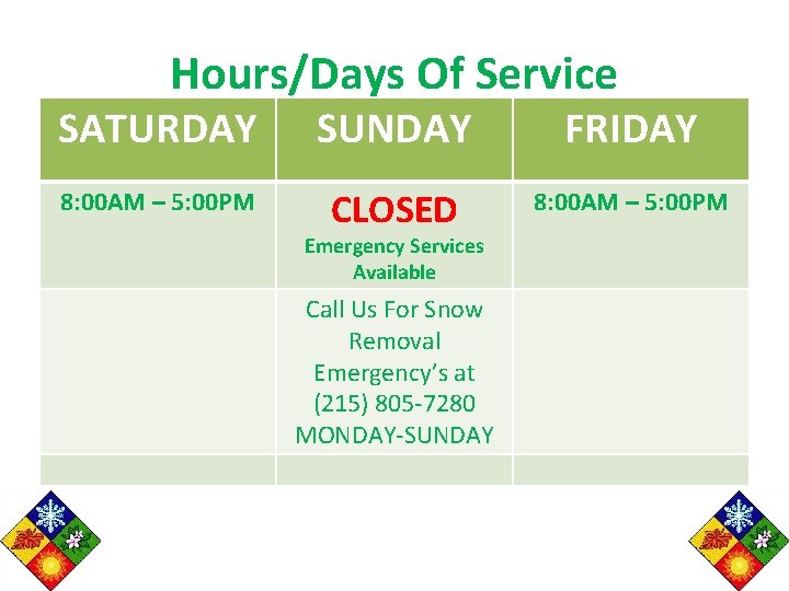 Hours/Days Of Service SATURDAY SUNDAY FRIDAY 8: 00 AM – 5: 00 PM CLOSED