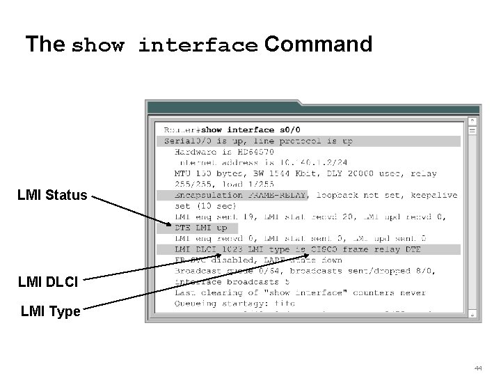 The show interface Command LMI Status LMI DLCI LMI Type 44 
