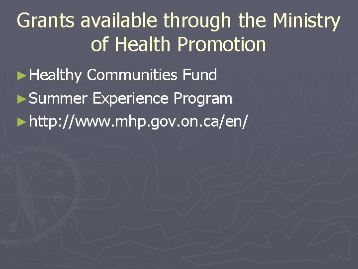 Grants available through the Ministry of Health Promotion ► Healthy Communities Fund ► Summer