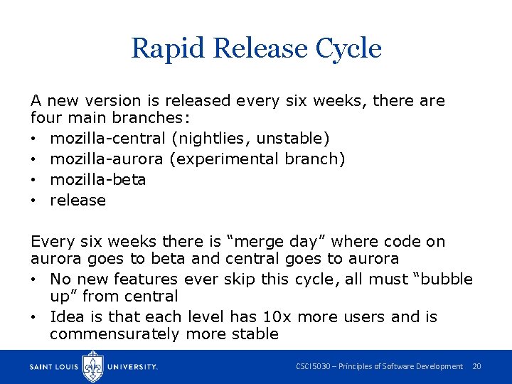 Rapid Release Cycle A new version is released every six weeks, there are four