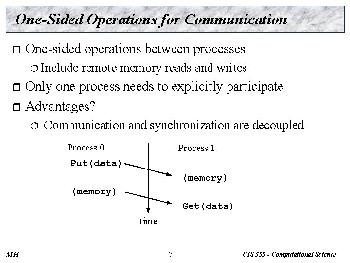 One-Sided Operations for Communication r One-sided operations between processes ¦ Include remote memory reads