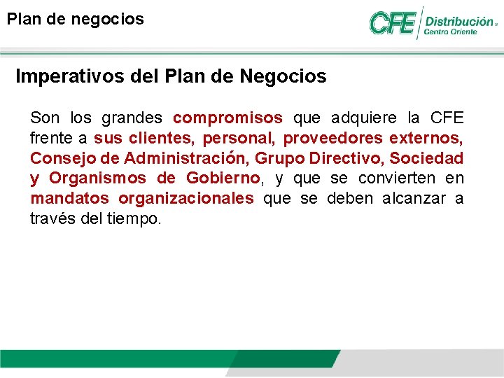 Plan de negocios Imperativos del Plan de Negocios Son los grandes compromisos que adquiere