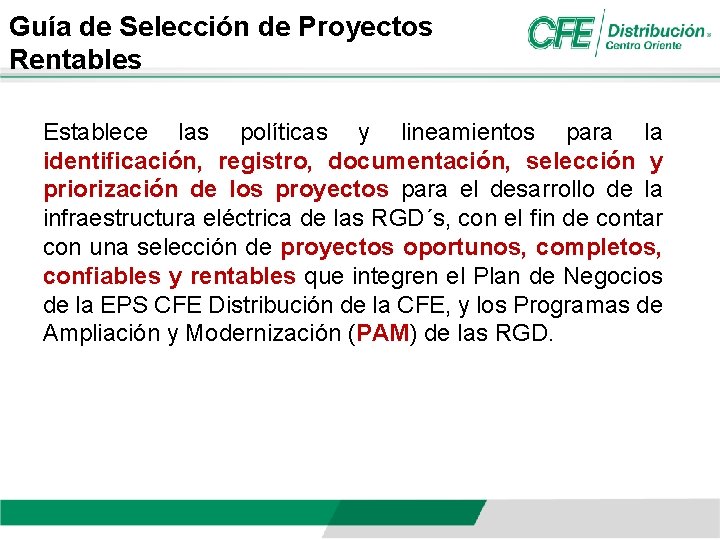 Guía de Selección de Proyectos Rentables Establece las políticas y lineamientos para la identificación,