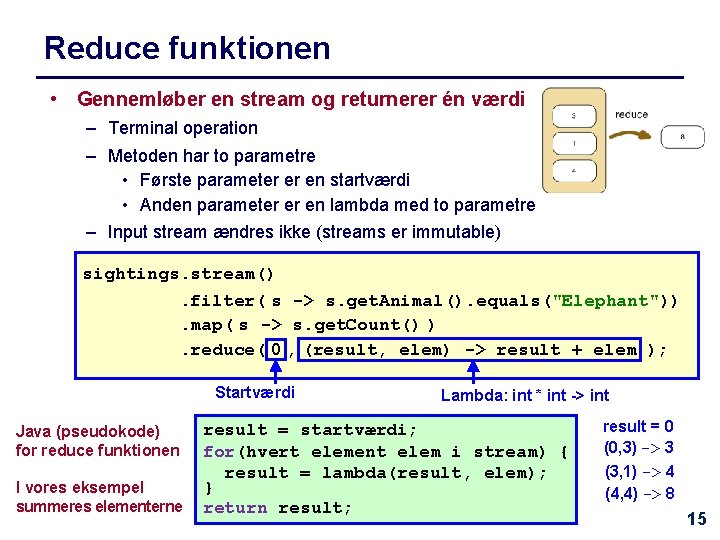 Reduce funktionen • Gennemløber en stream og returnerer én værdi – Terminal operation –