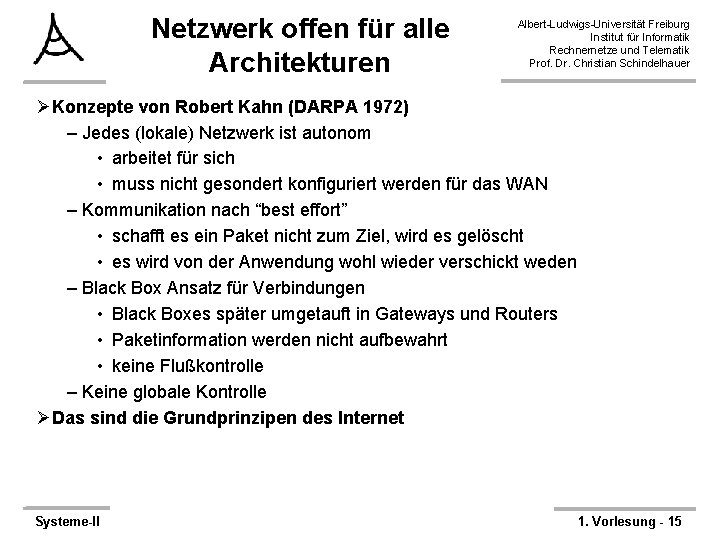 Netzwerk offen für alle Architekturen Albert-Ludwigs-Universität Freiburg Institut für Informatik Rechnernetze und Telematik Prof.
