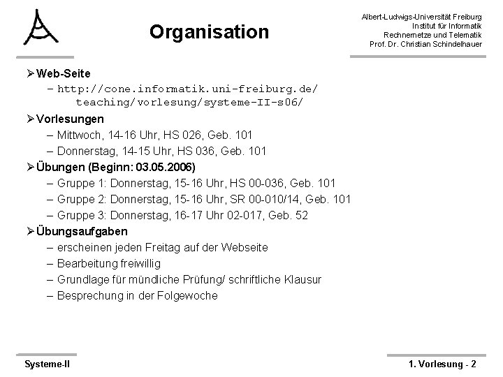 Organisation Albert-Ludwigs-Universität Freiburg Institut für Informatik Rechnernetze und Telematik Prof. Dr. Christian Schindelhauer Ø