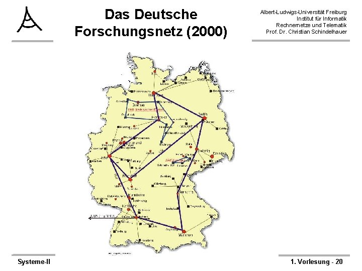 Das Deutsche Forschungsnetz (2000) Systeme-II Albert-Ludwigs-Universität Freiburg Institut für Informatik Rechnernetze und Telematik Prof.