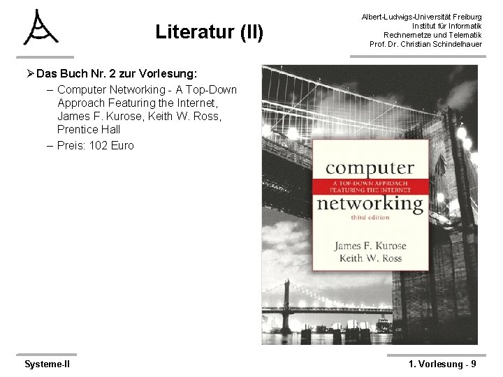 Literatur (II) Albert-Ludwigs-Universität Freiburg Institut für Informatik Rechnernetze und Telematik Prof. Dr. Christian Schindelhauer