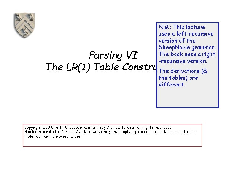 N. B. : This lecture uses a left-recursive version of the Sheep. Noise grammar.