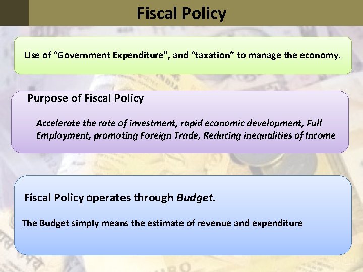 Fiscal Policy Use of “Government Expenditure”, and “taxation” to manage the economy. Purpose of